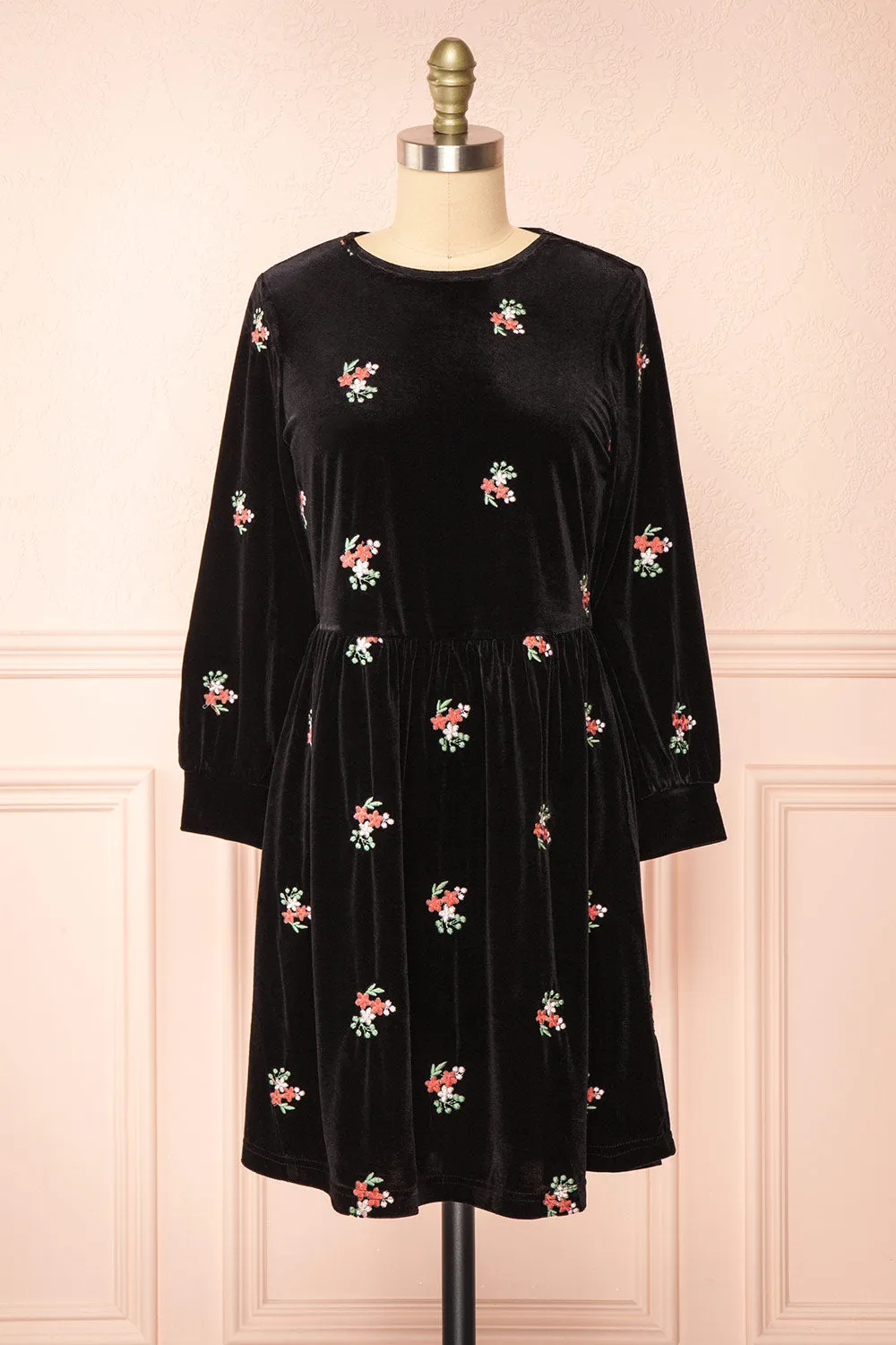 Aerelia | Black Short Velvet Dress w/ Floral Embroidery