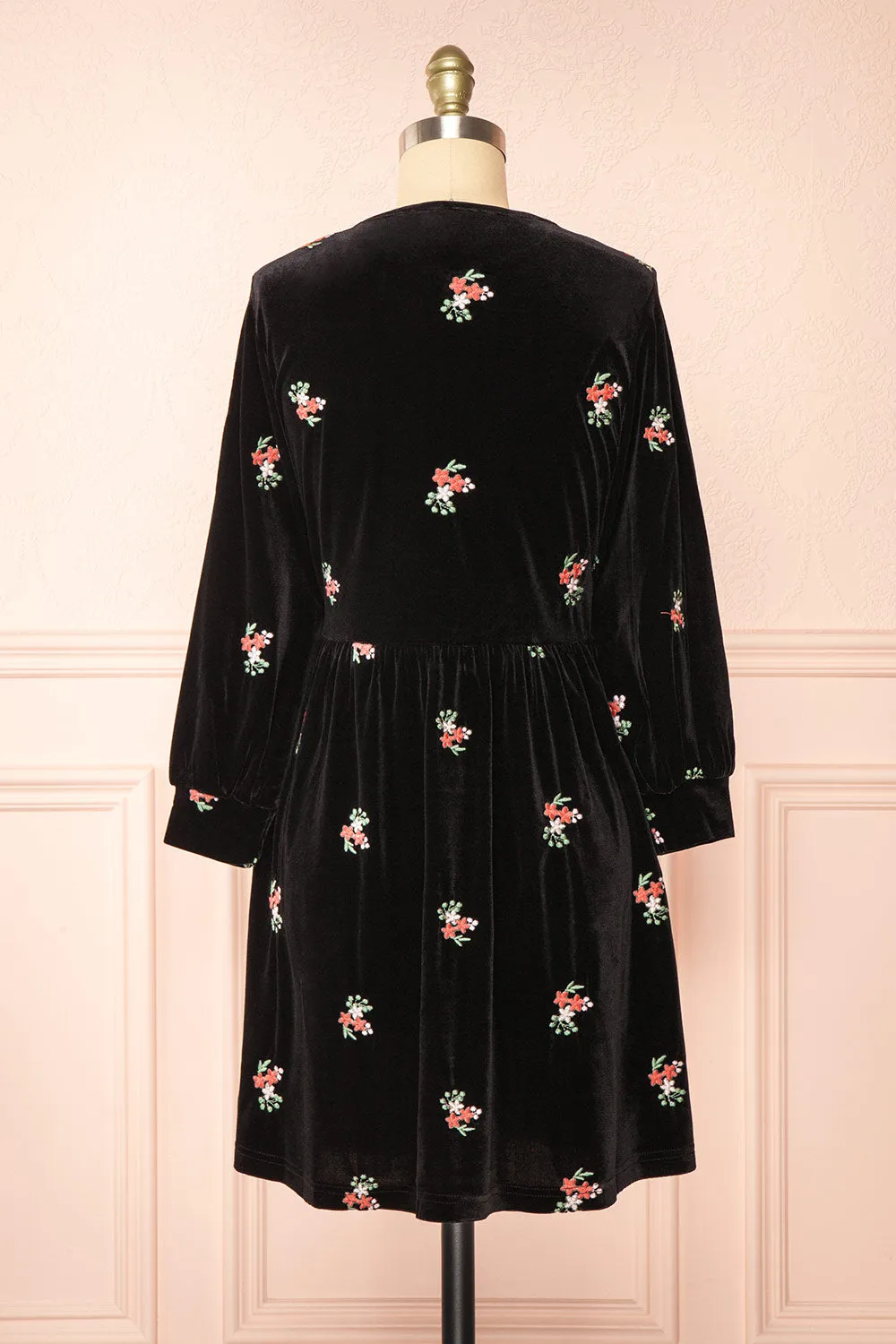 Aerelia | Black Short Velvet Dress w/ Floral Embroidery