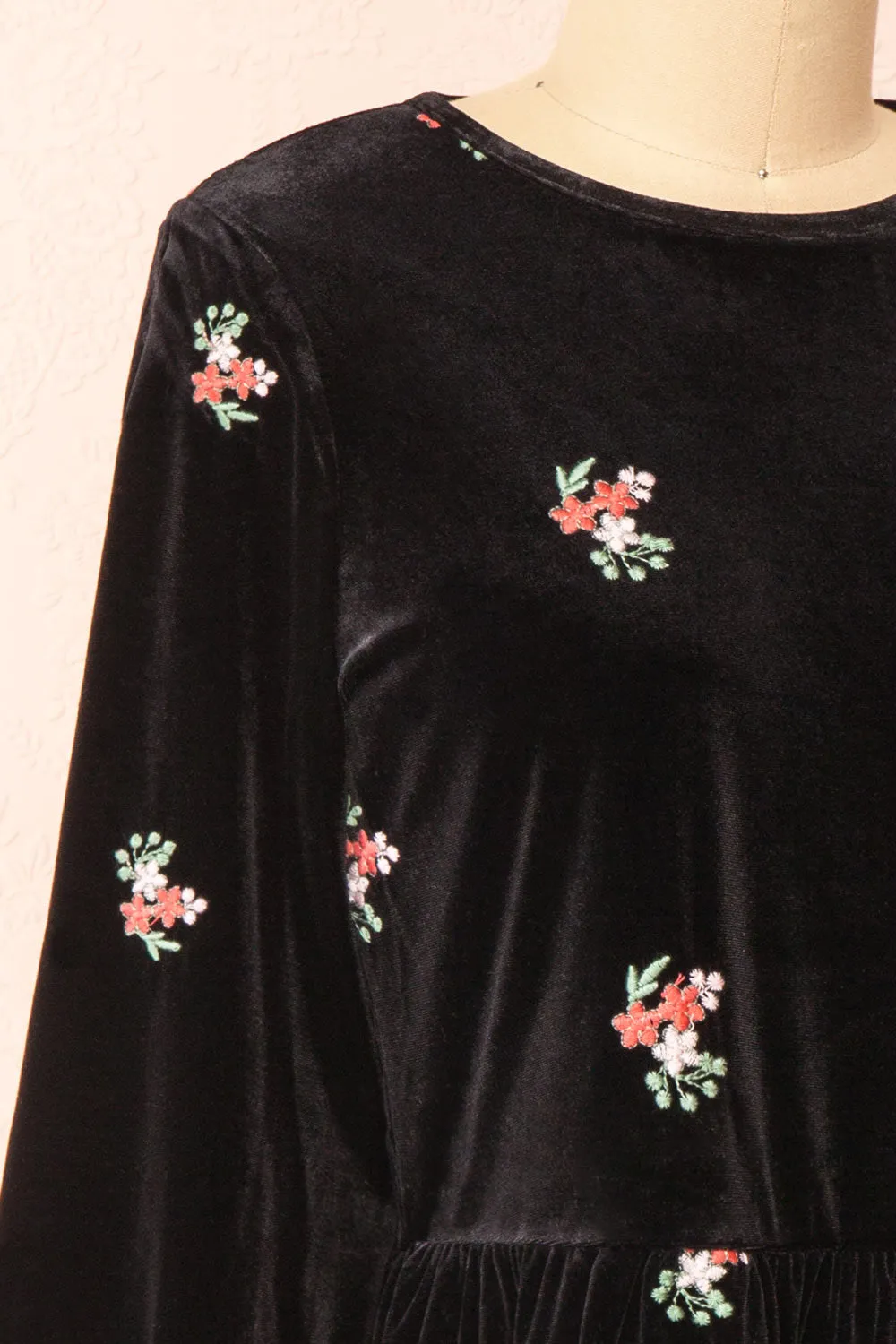 Aerelia | Black Short Velvet Dress w/ Floral Embroidery