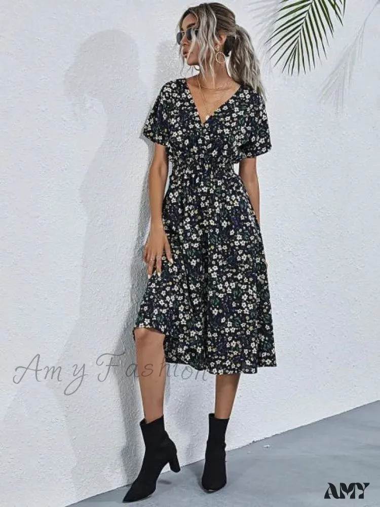 Amy Fashion - V-neck Short Sleeve A-line Chiffon Beach Midi Dresses