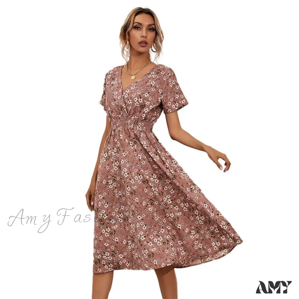 Amy Fashion - V-neck Short Sleeve A-line Chiffon Beach Midi Dresses