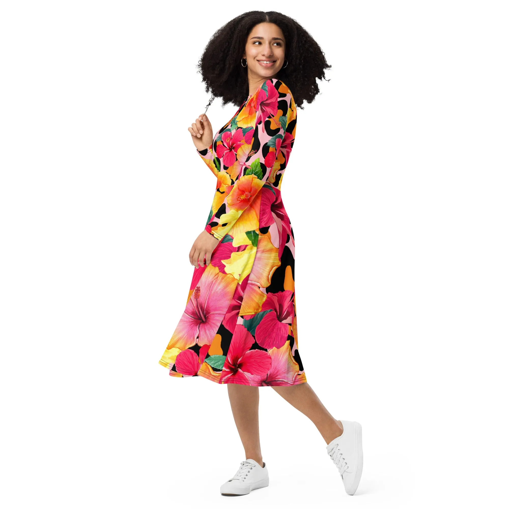 Animal Print Island Flowers Long Sleeve Midi Dress