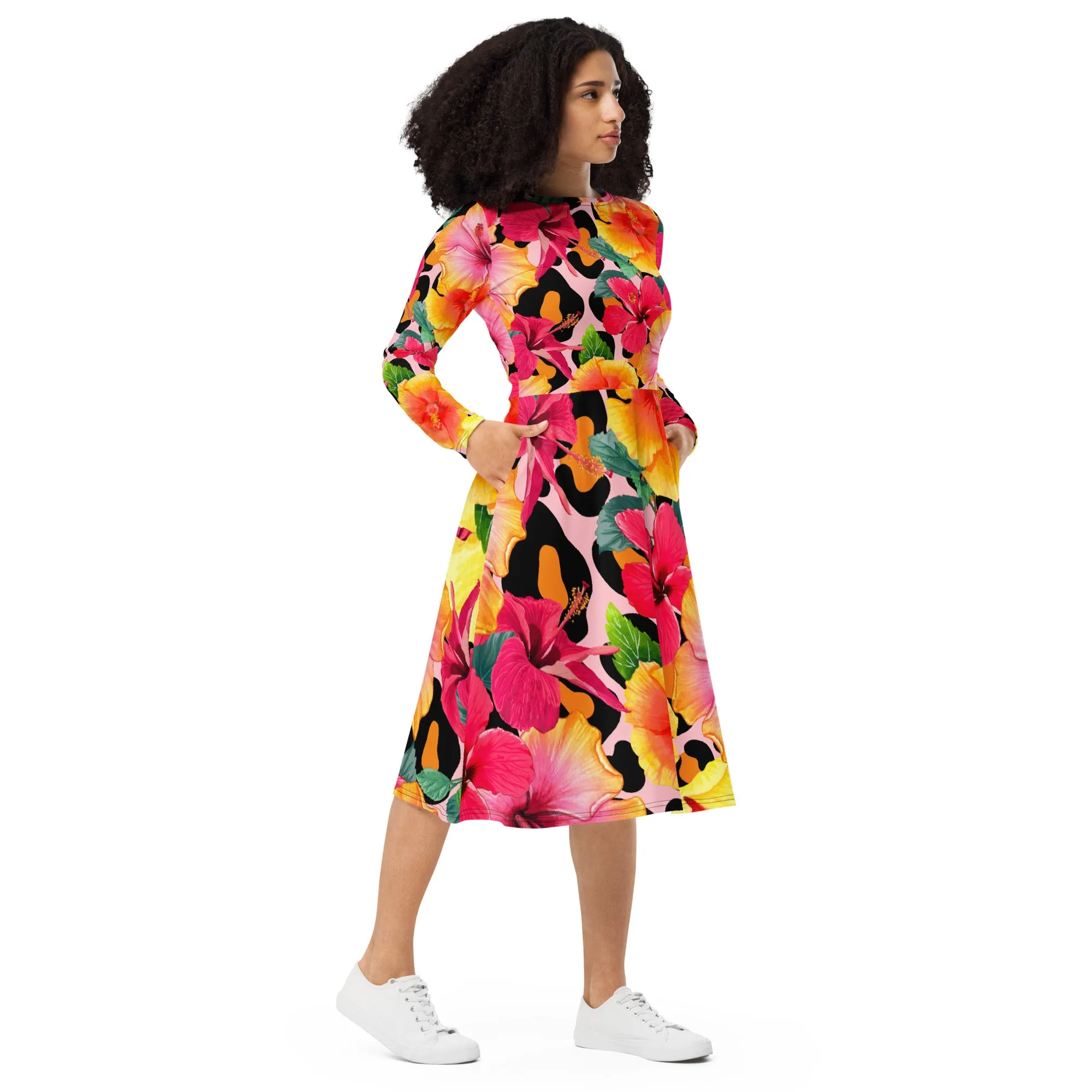 Animal Print Island Flowers Long Sleeve Midi Dress