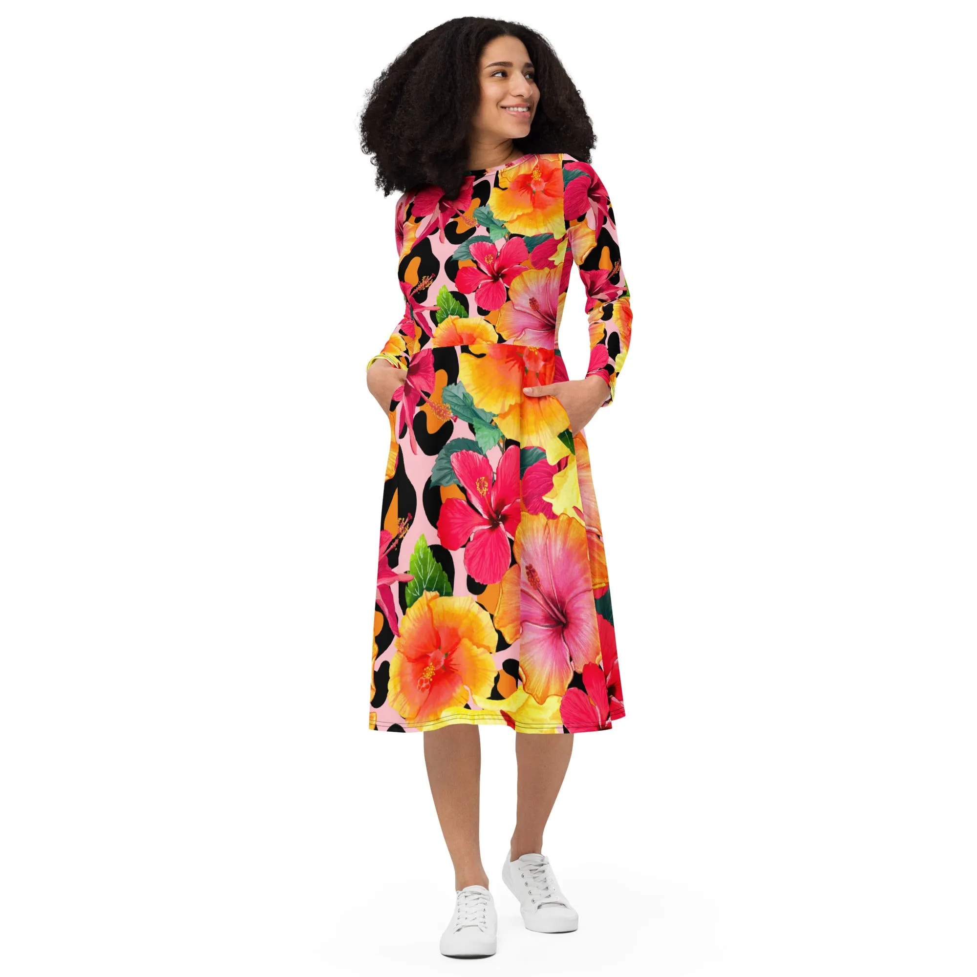 Animal Print Island Flowers Long Sleeve Midi Dress