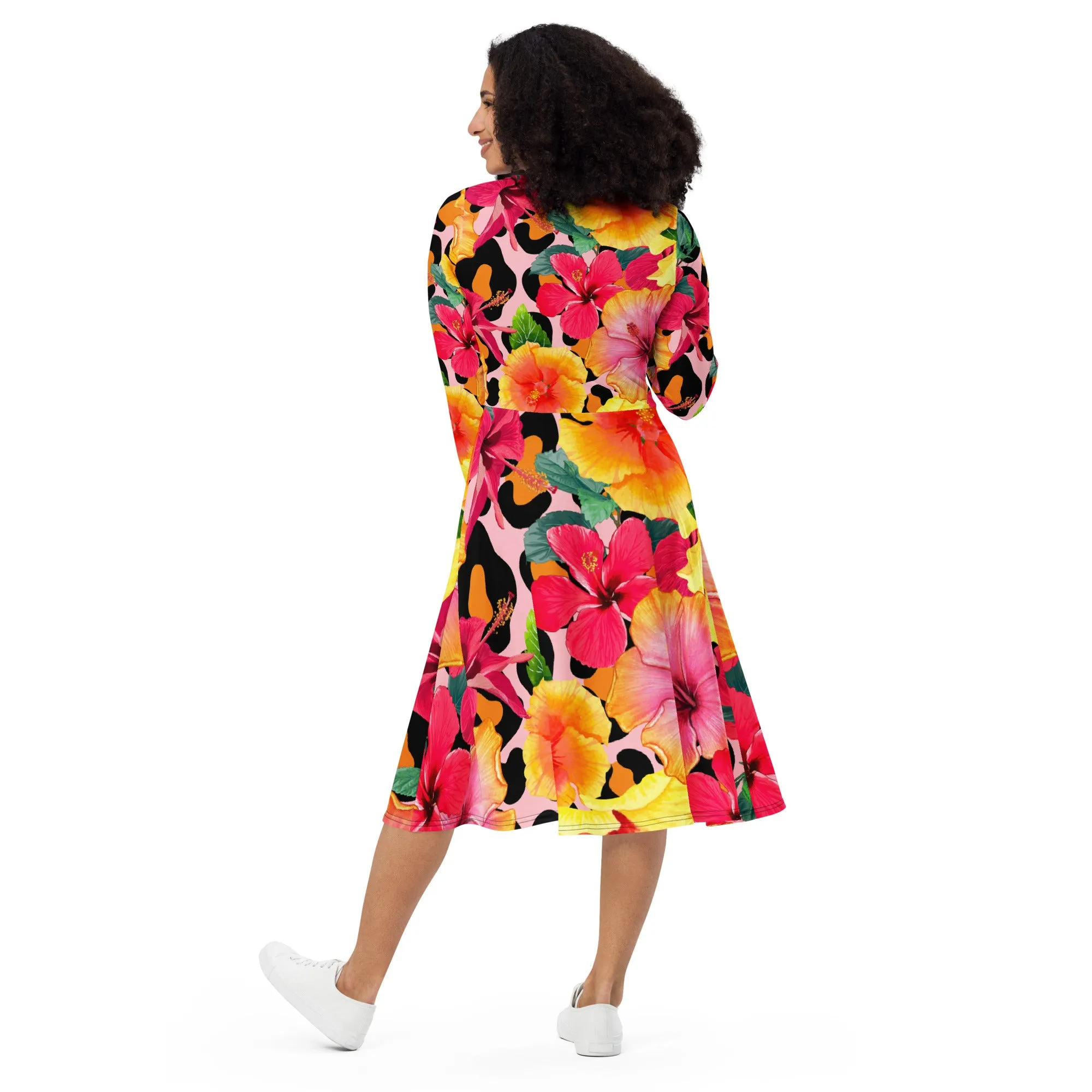 Animal Print Island Flowers Long Sleeve Midi Dress