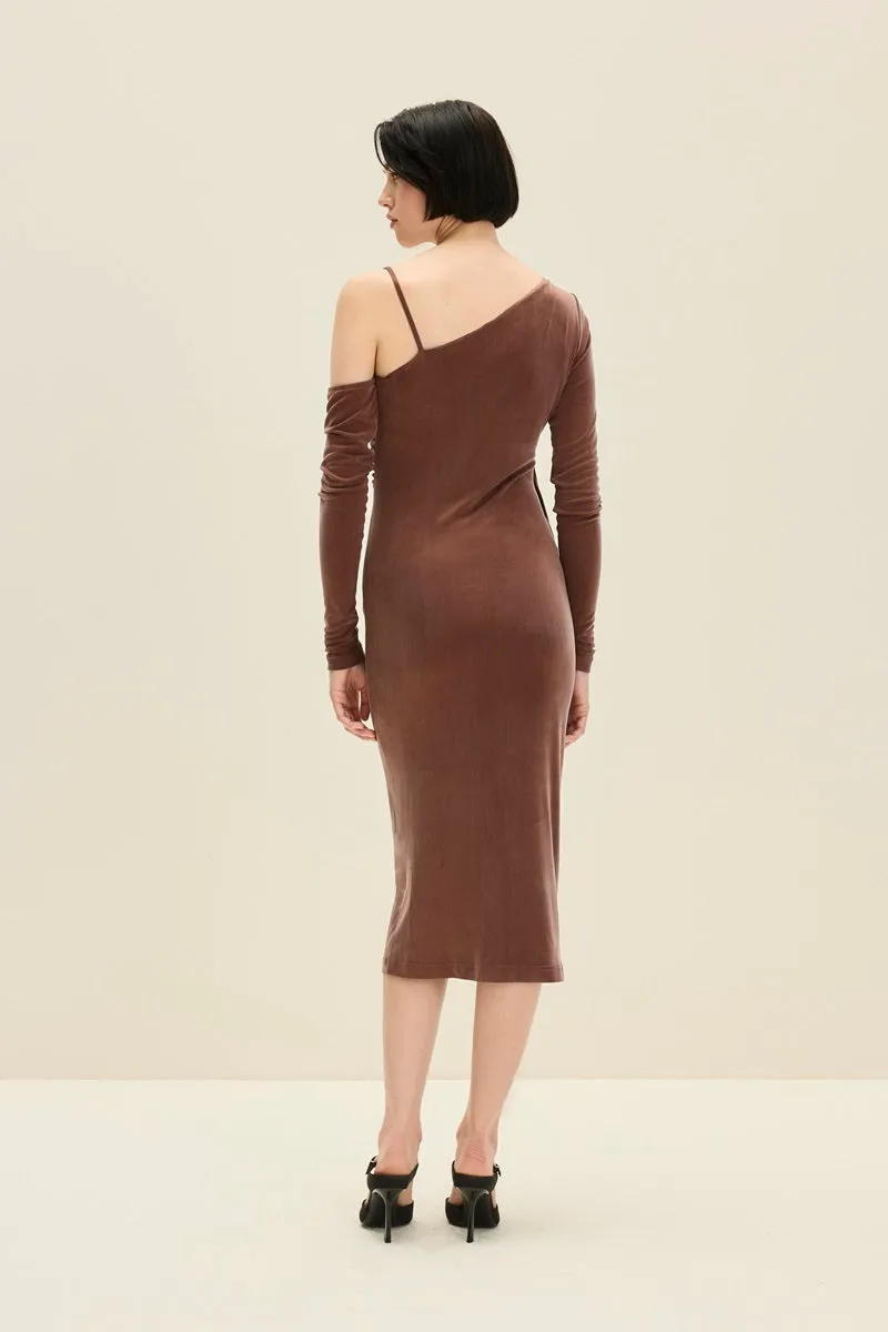 ASYMMETRIC CUPRO DRESS IN CHOCOLATE BROWN