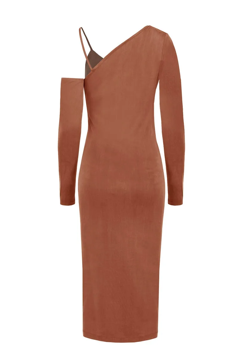 ASYMMETRIC CUPRO DRESS IN CHOCOLATE BROWN