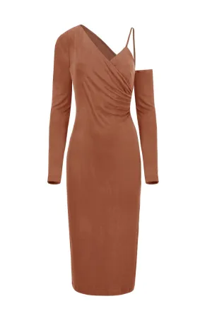 ASYMMETRIC CUPRO DRESS IN CHOCOLATE BROWN