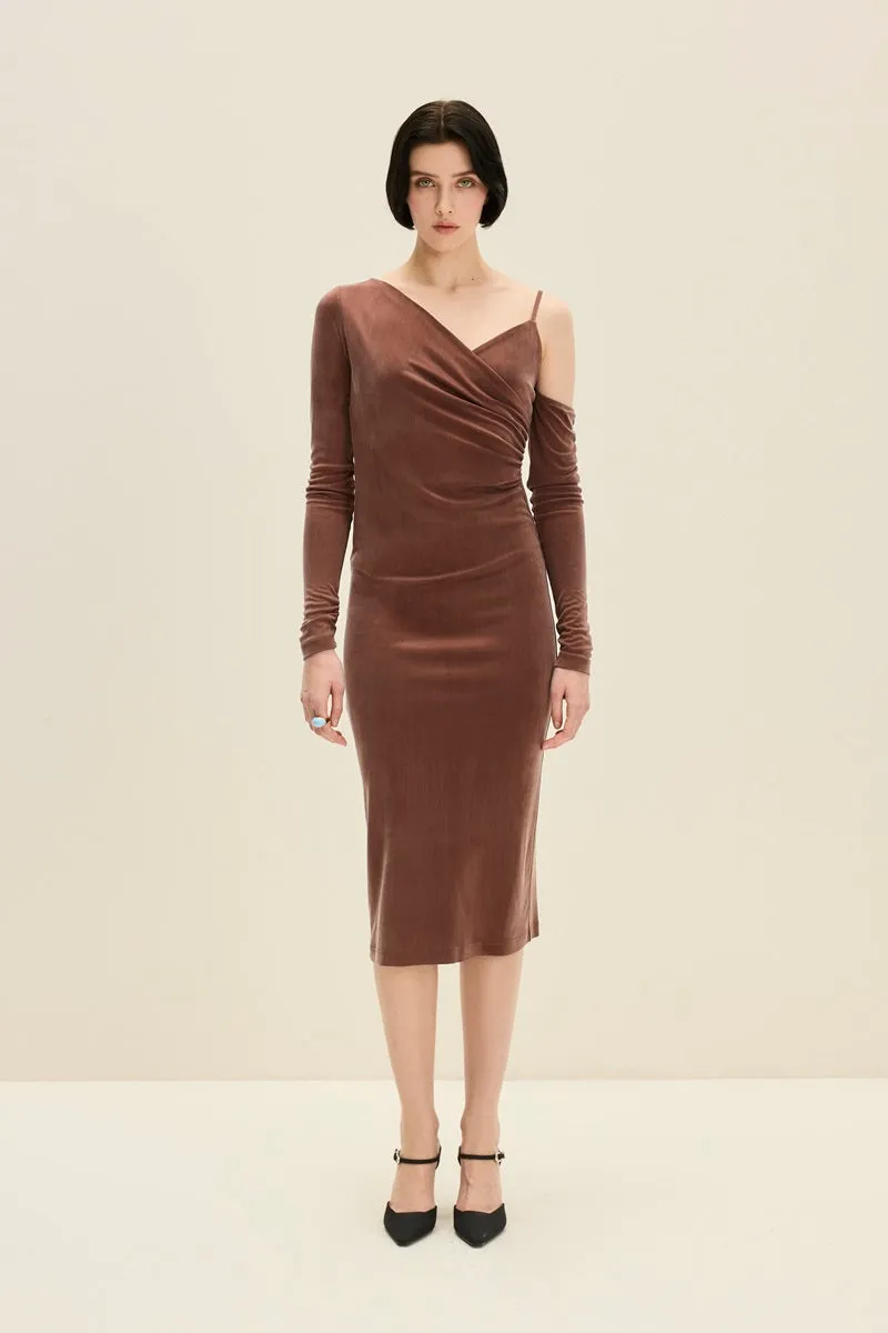 ASYMMETRIC CUPRO DRESS IN CHOCOLATE BROWN