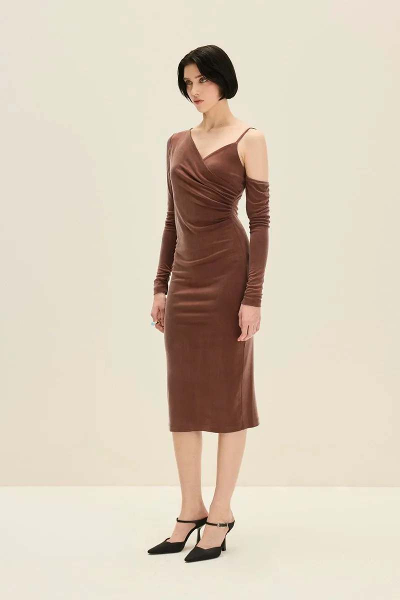 ASYMMETRIC CUPRO DRESS IN CHOCOLATE BROWN