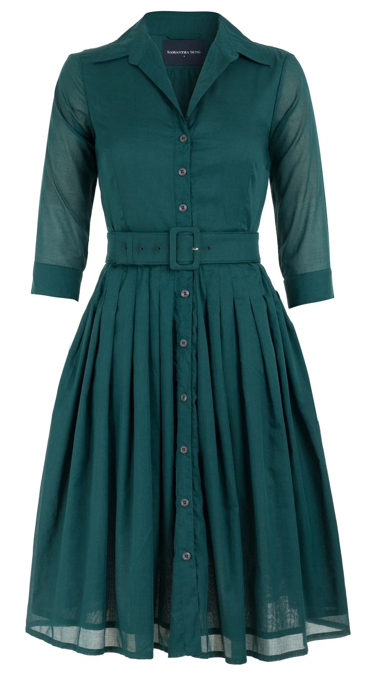 Audrey Dress #4 Shirt Collar 3/4 Sleeve Cotton Musola_Solid_Jade