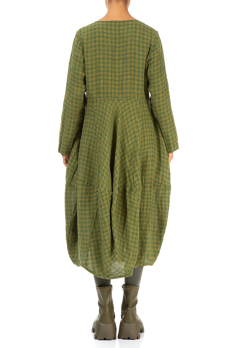 Balloon Green Check Linen Dress