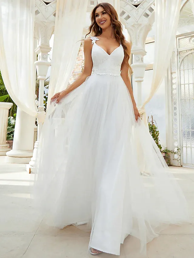 Beach Open Back Casual Wedding Dresses Floor Length A-Line Sleeveless V Wire V Neck Tulle With Crystals Appliques