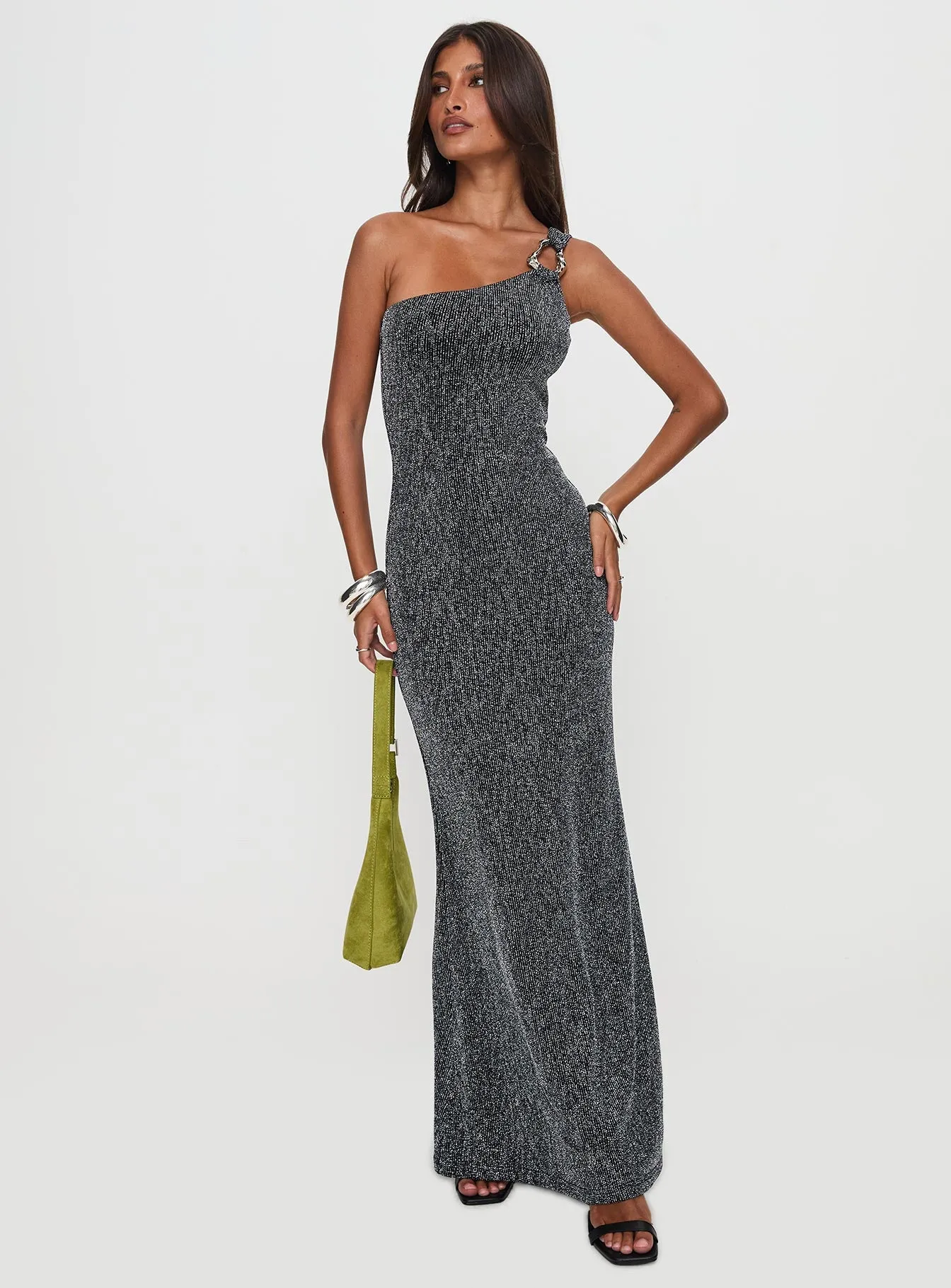 Beckon One Shoulder Maxi Dress Black Glitter