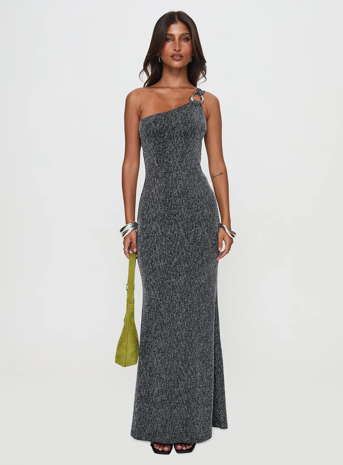 Beckon One Shoulder Maxi Dress Black Glitter