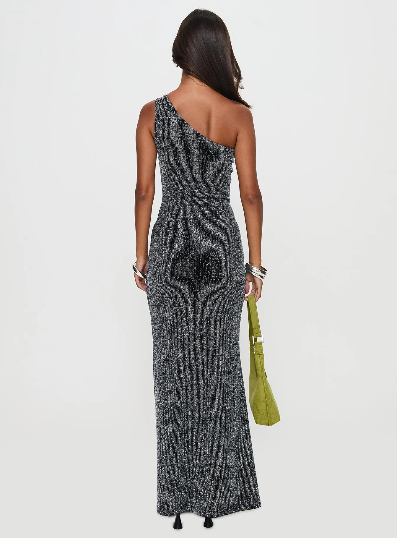 Beckon One Shoulder Maxi Dress Black Glitter