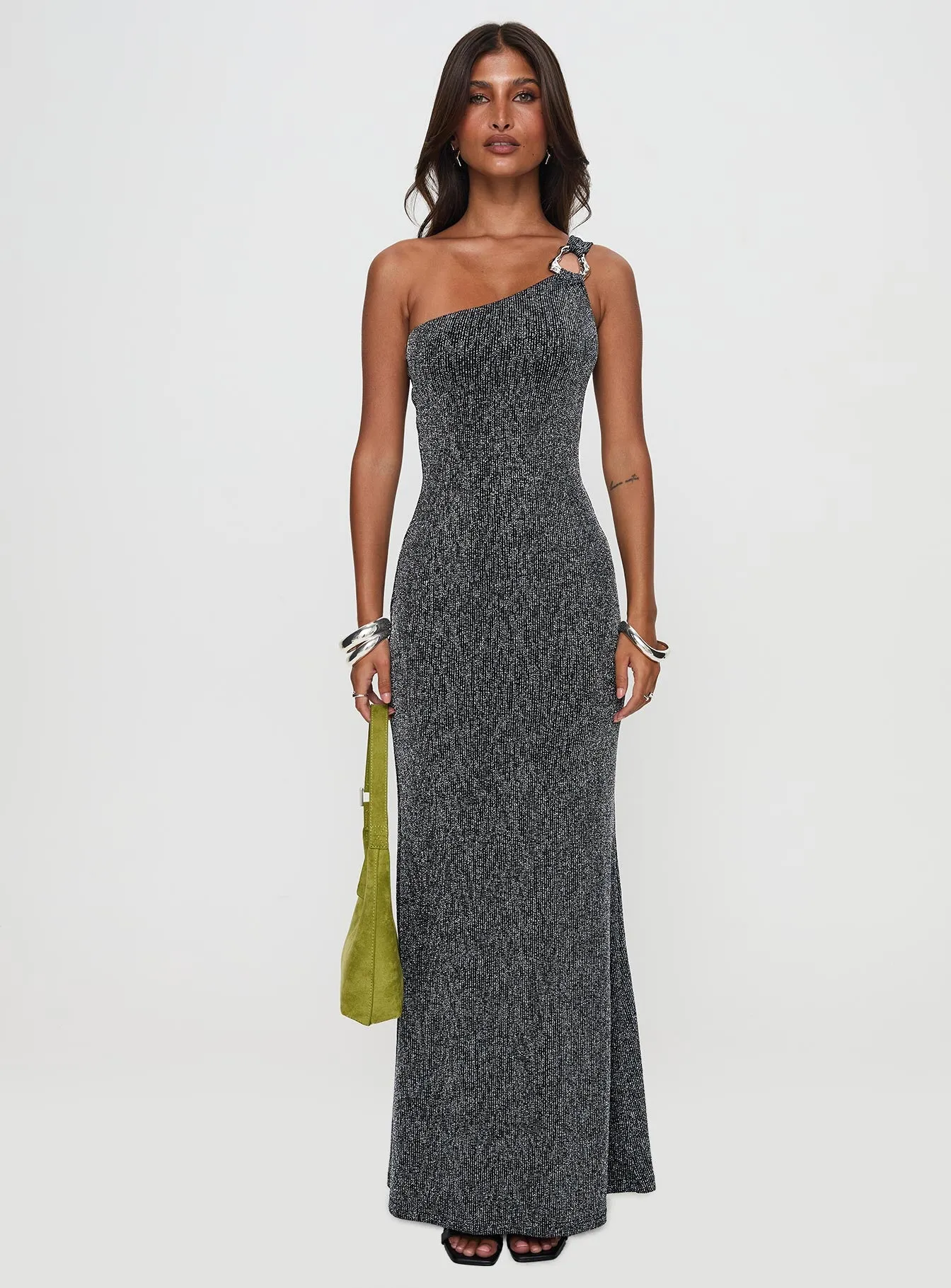 Beckon One Shoulder Maxi Dress Black Glitter