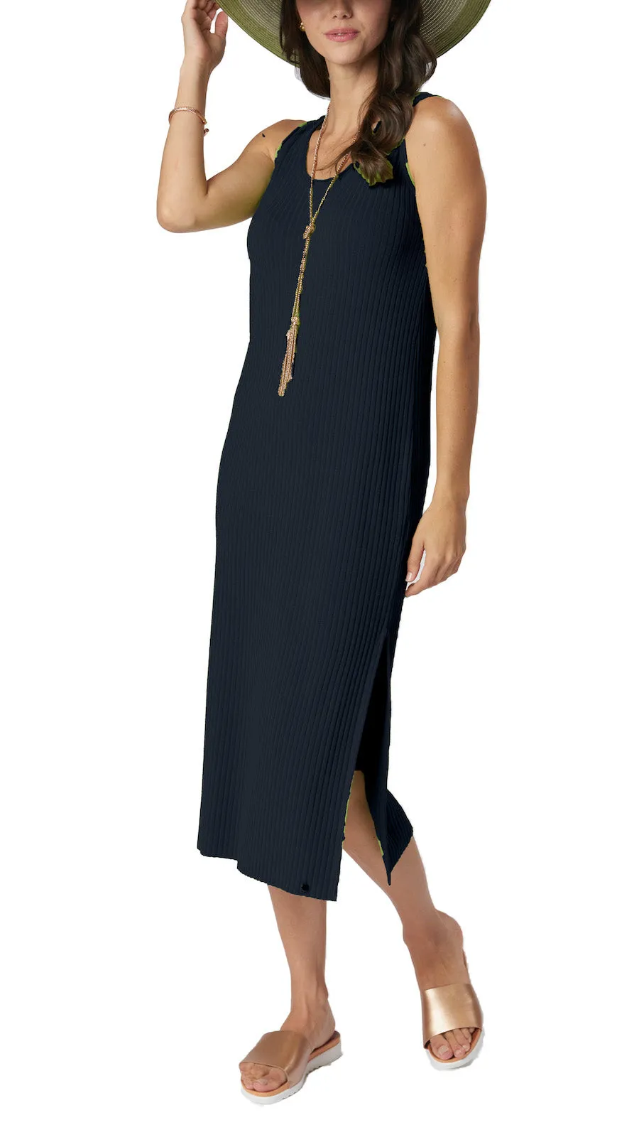 Betsy Vertical Rib Knit Sleeveless Mid-Calf Sheath Dress - Dark Navy