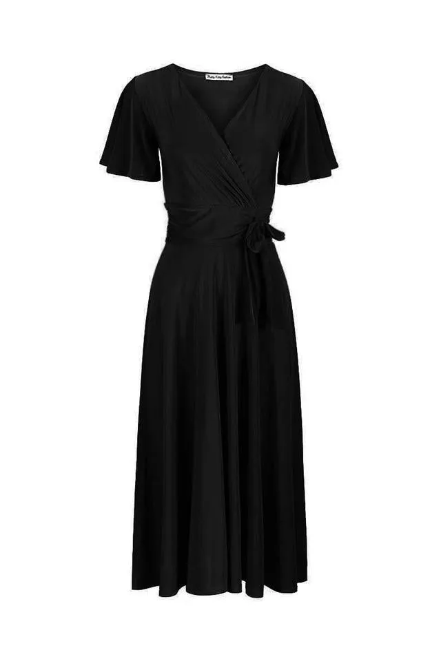 Black Cap Sleeve Crossover V Neck Wrap Top Swing Dress