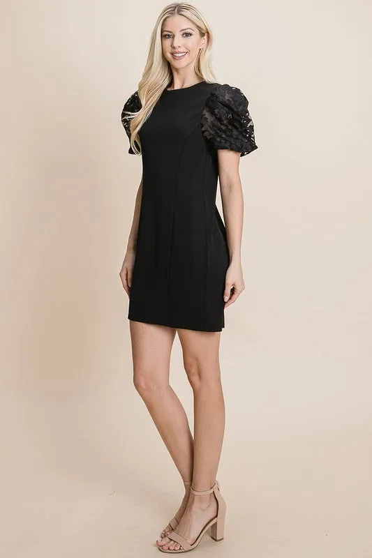 Black Puffed Contrast Flower Embroidered Sheath Dress