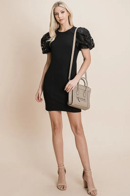 Black Puffed Contrast Flower Embroidered Sheath Dress