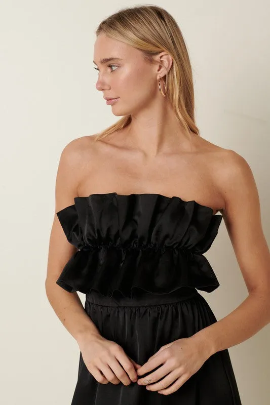 Black Satin Ruffle Bust With Tie Back Maxi Dress