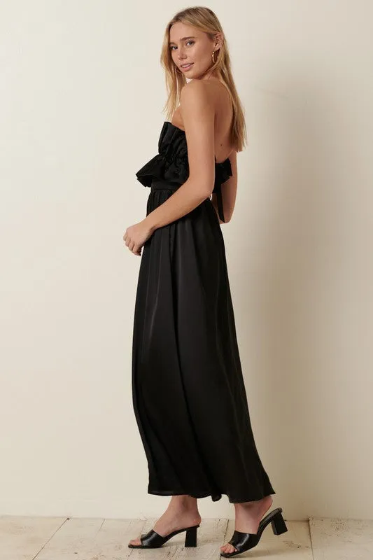 Black Satin Ruffle Bust With Tie Back Maxi Dress