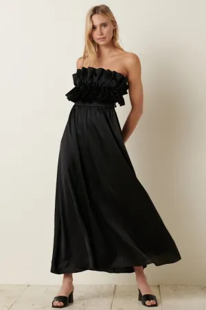 Black Satin Ruffle Bust With Tie Back Maxi Dress