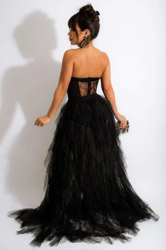 Black Tulle Dresses Tube Lace Slit Dress For Party Prom