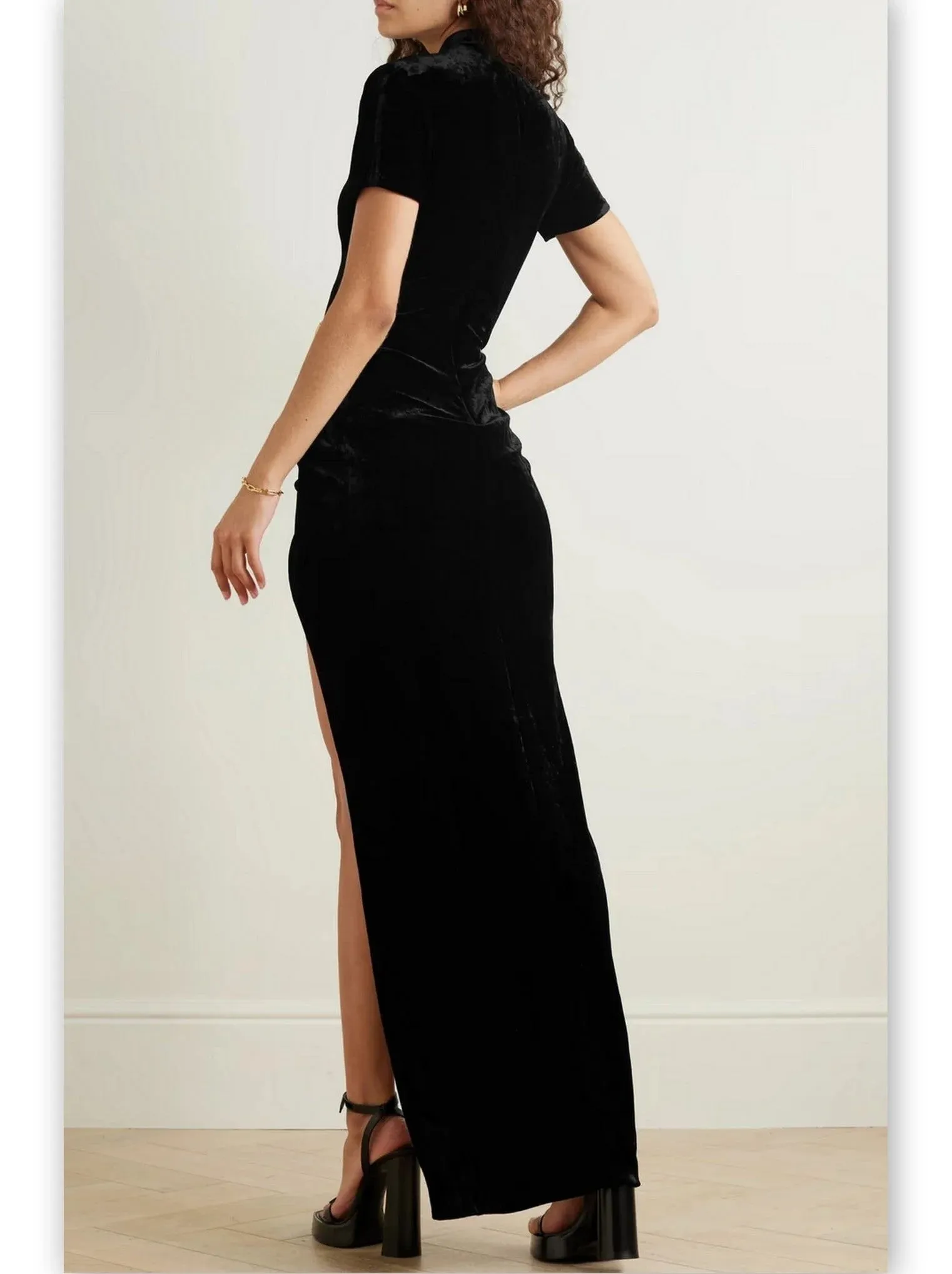 Black Velvet Button-Embellished Dress