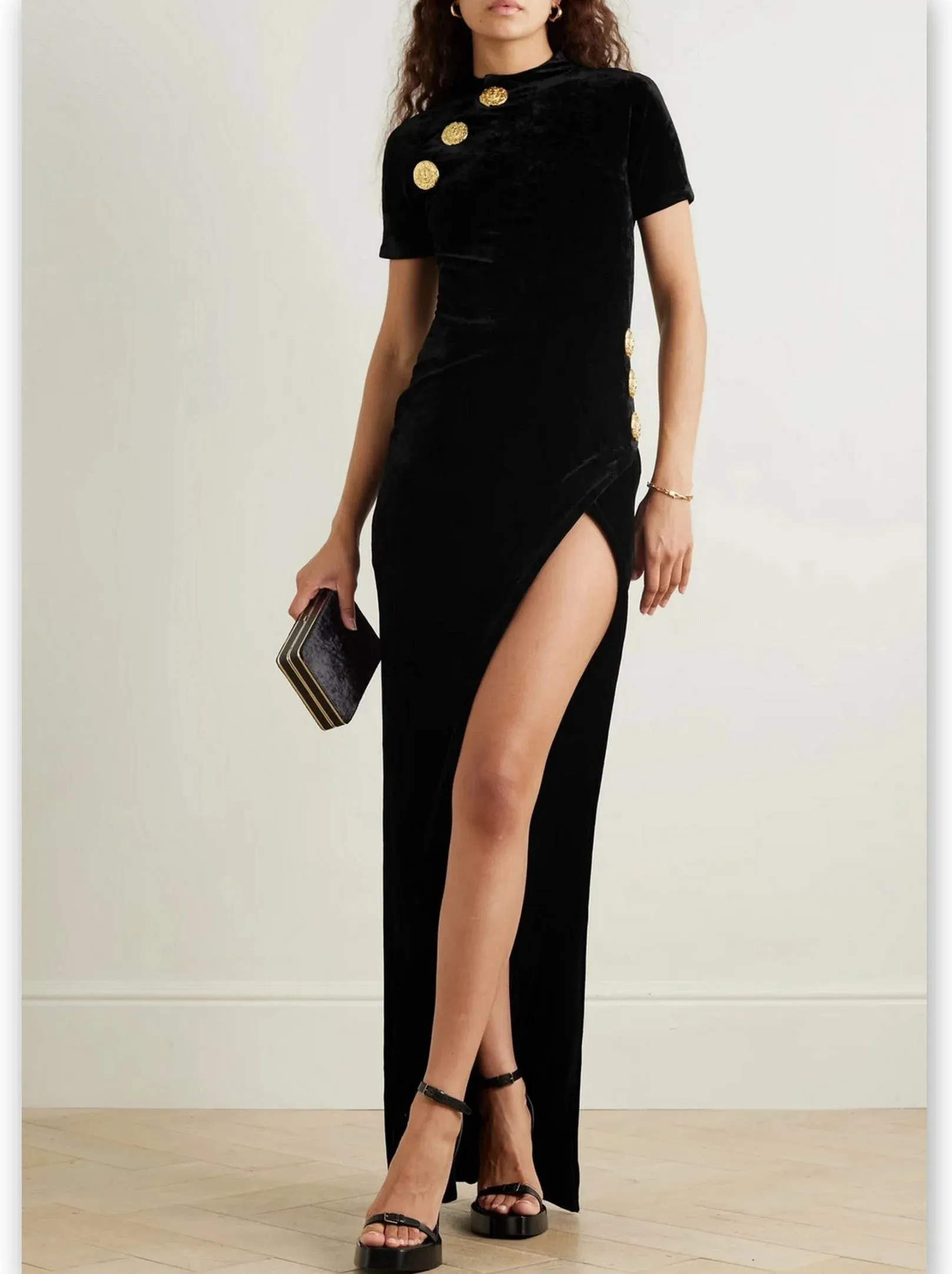 Black Velvet Button-Embellished Dress