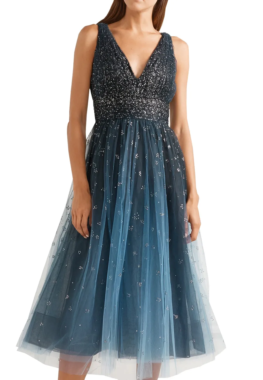 Blue Embellished Ombré Tulle Midi Dress