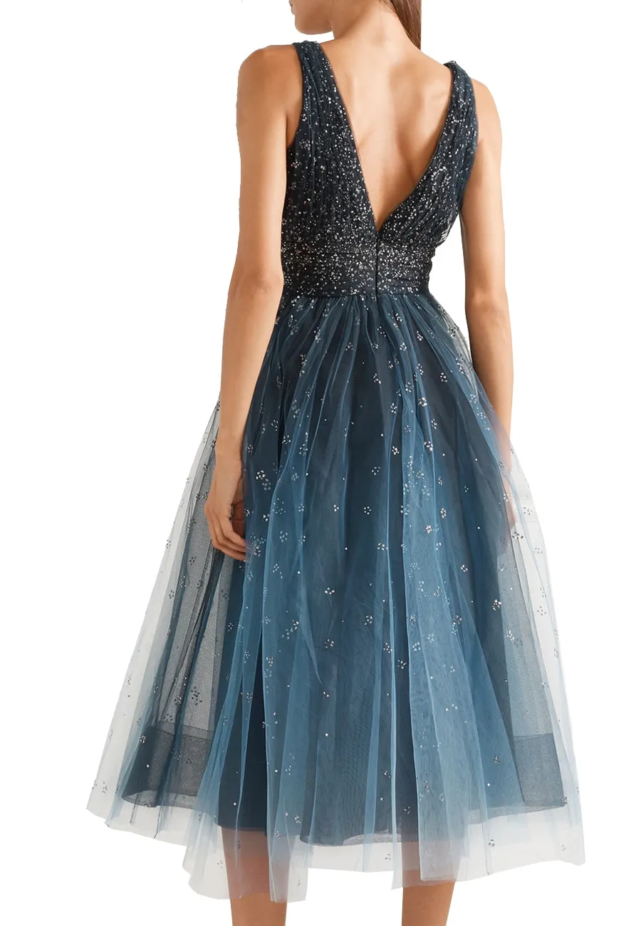 Blue Embellished Ombré Tulle Midi Dress