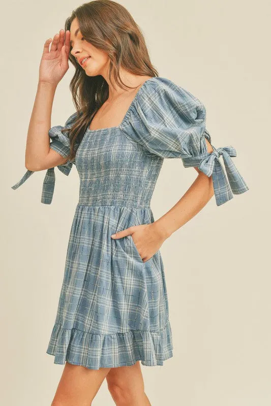 Blue Plaid Smocked Mini Dress