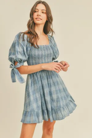 Blue Plaid Smocked Mini Dress