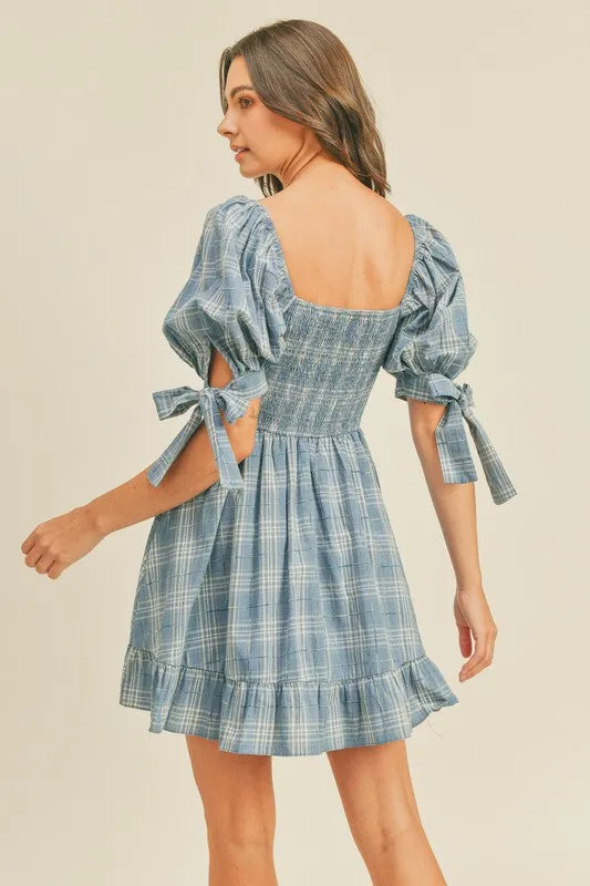 Blue Plaid Smocked Mini Dress