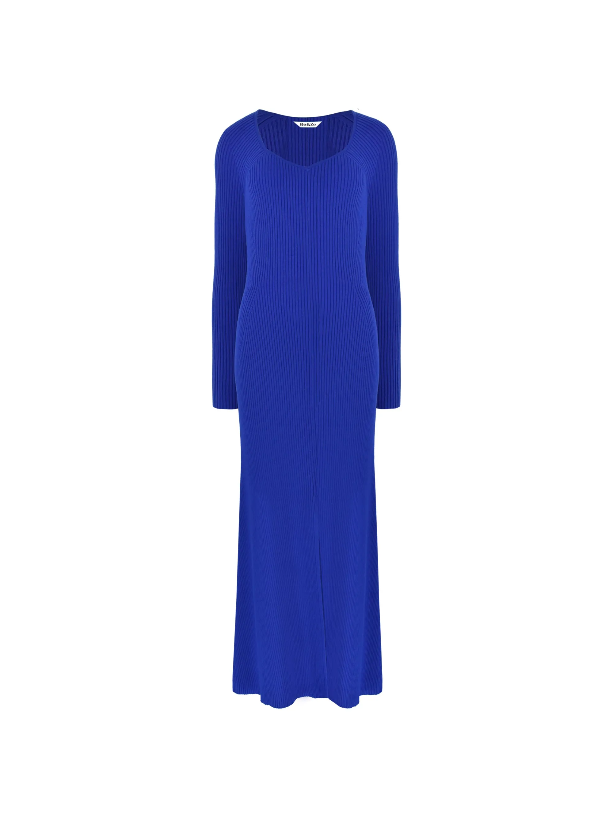 Blue Rib Knit Sweetheart Neckline Midi Dress