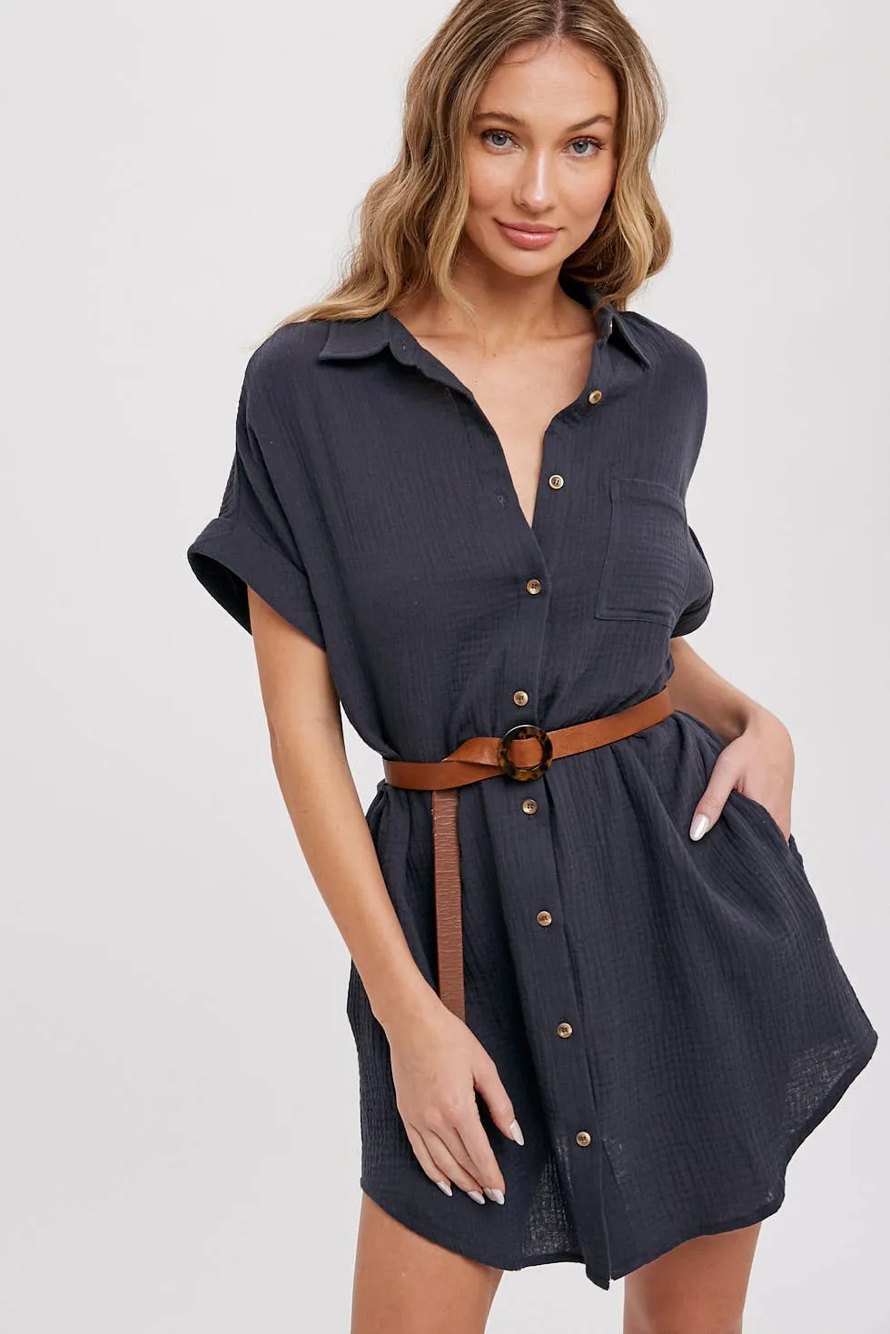 BLUIVY BUTTON UP SHIRT DRESS WITH POCKET