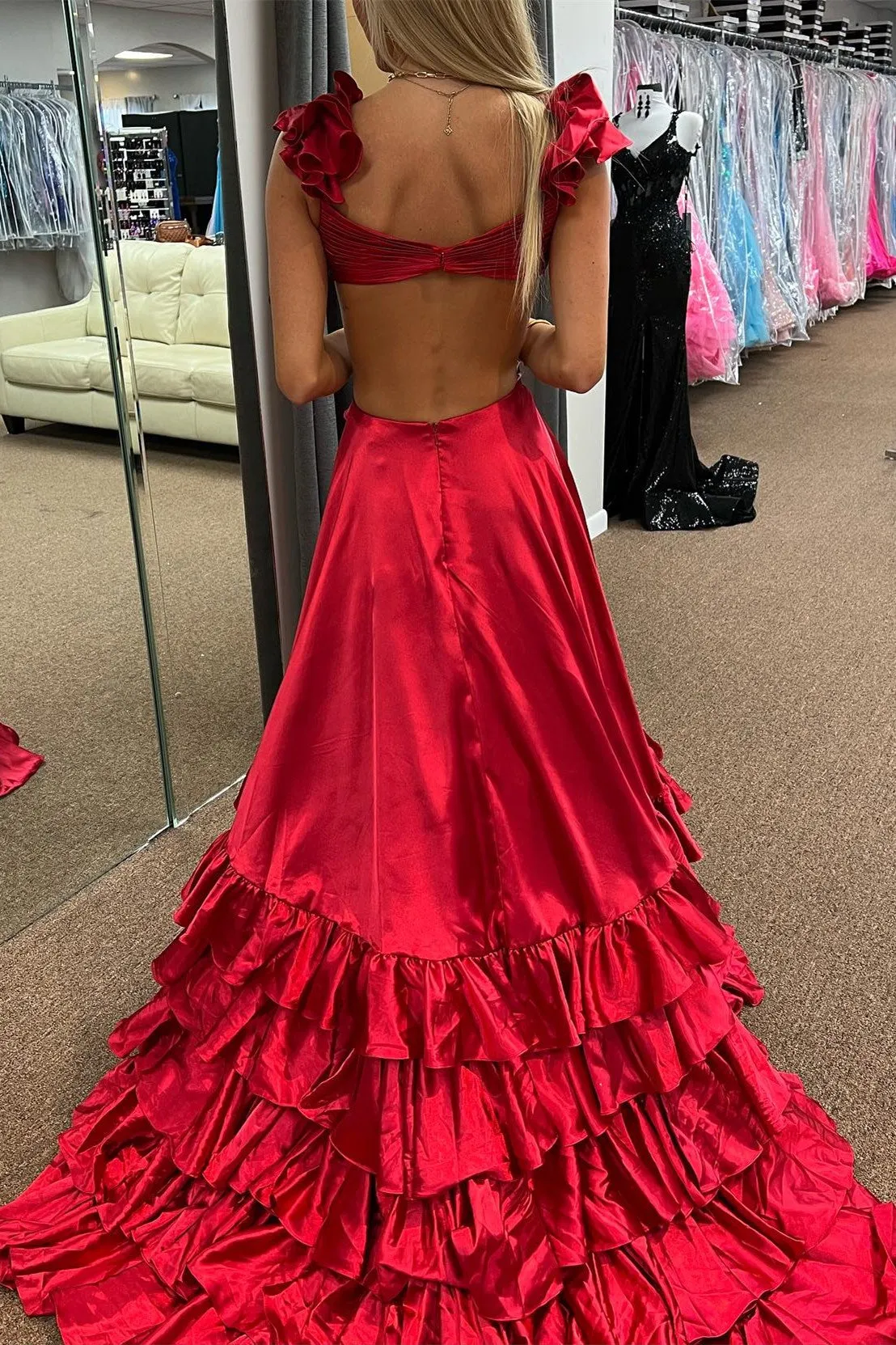 Brittany | Red Cutout Ruffle A-Line Long Prom Dress with Slit