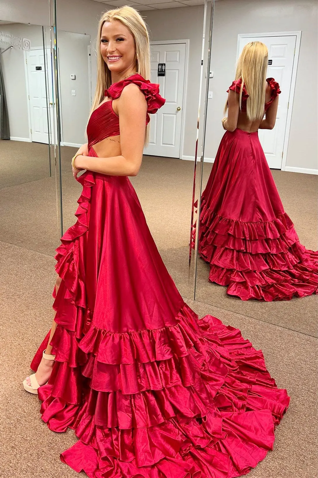 Brittany | Red Cutout Ruffle A-Line Long Prom Dress with Slit