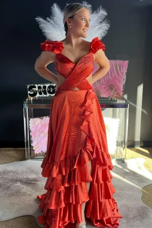 Brittany | Red Cutout Ruffle A-Line Long Prom Dress with Slit