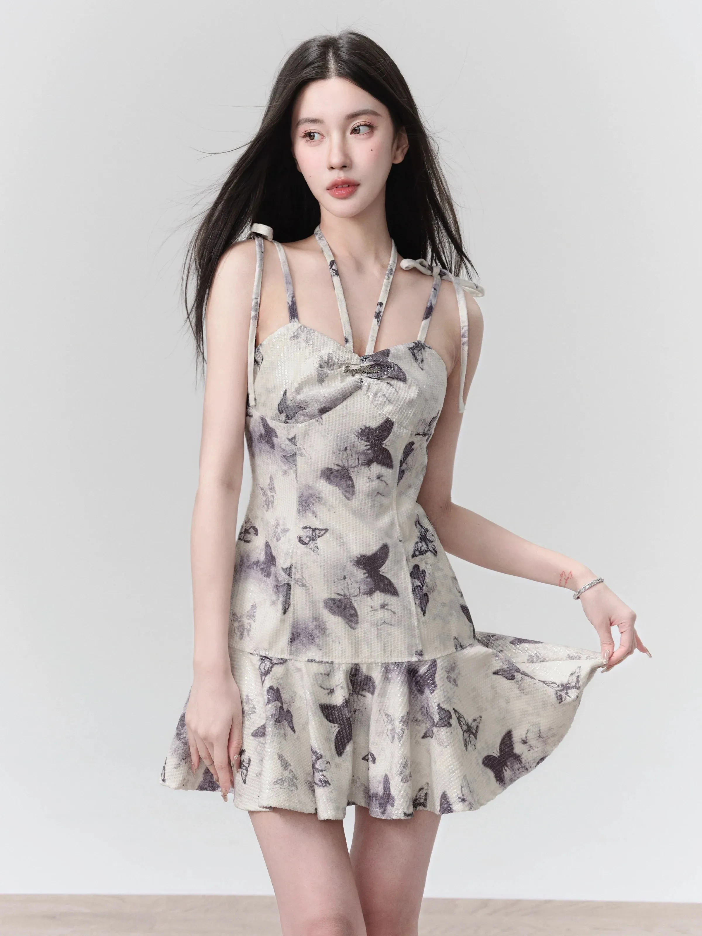 Butterfly Print Spaghetti Strap Dress with Ruffle Hem