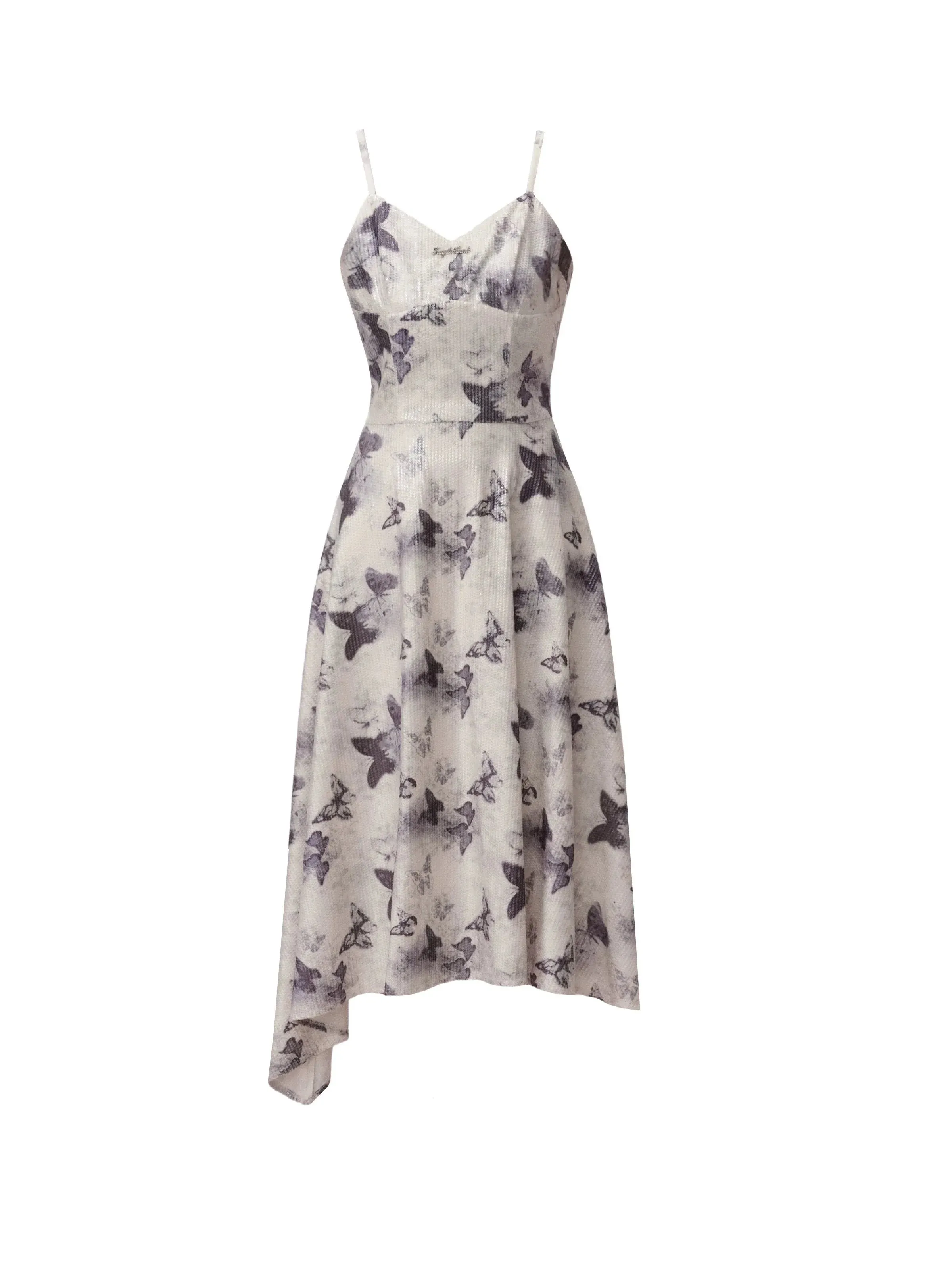 Butterfly Print Spaghetti Strap Dress with Ruffle Hem