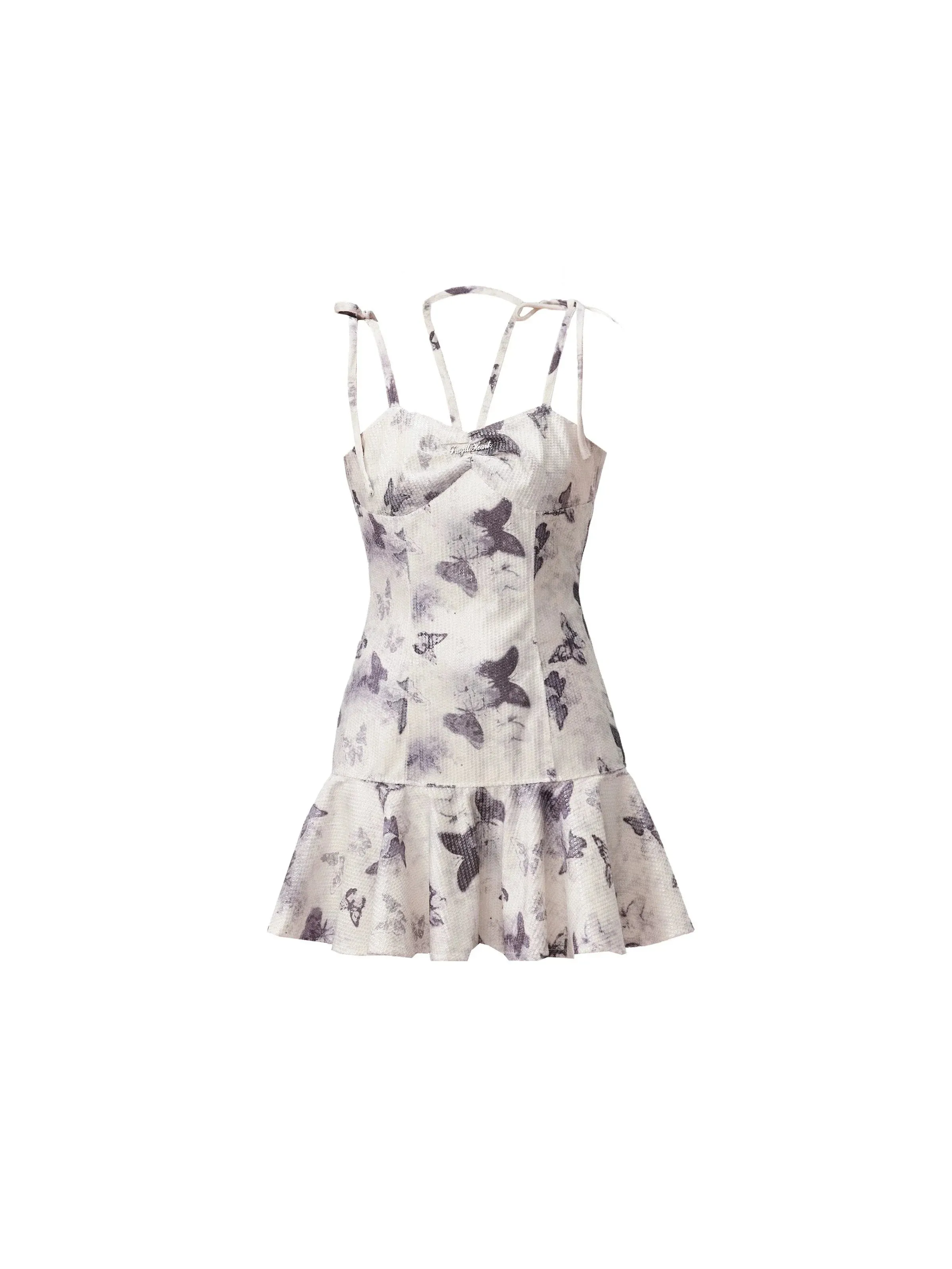 Butterfly Print Spaghetti Strap Dress with Ruffle Hem