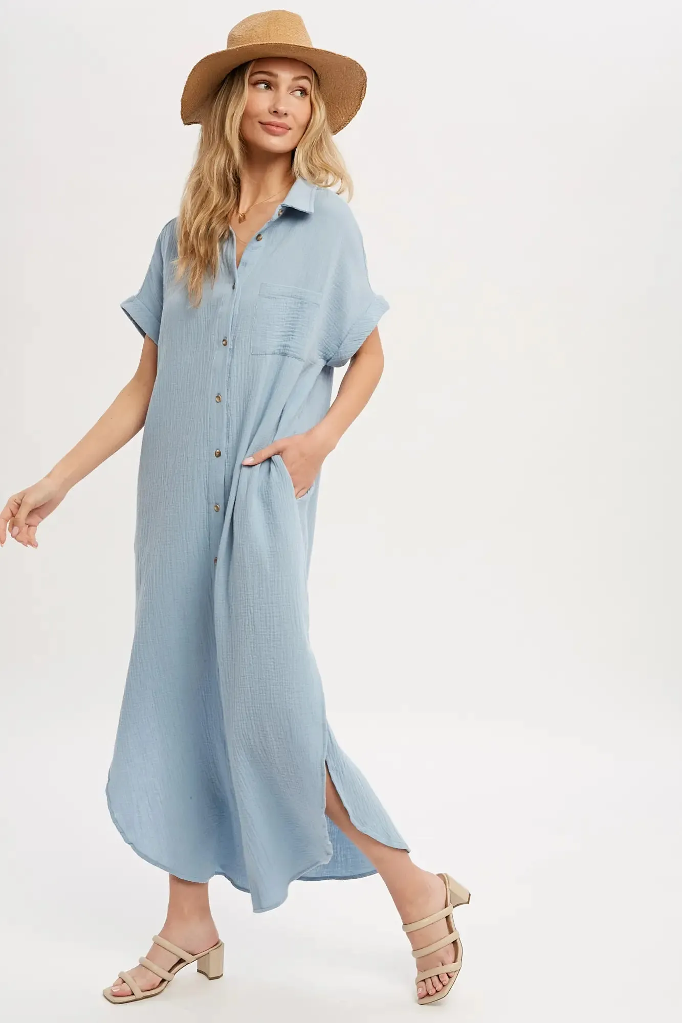 Button Up Maxi Shirt Dress - Chambray