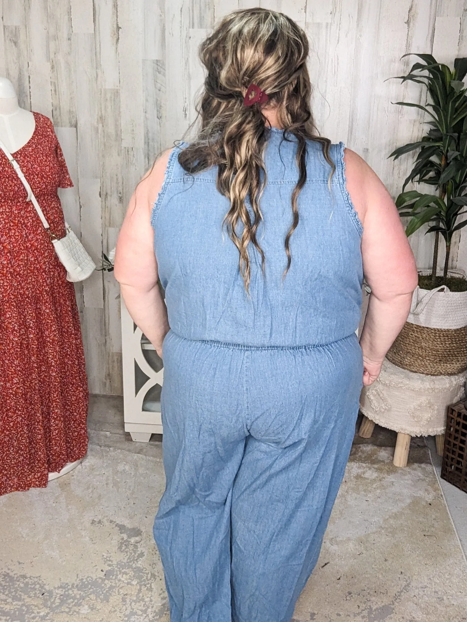 Cali Chambray Denim Jumpsuit w/Ruffle   Button Details