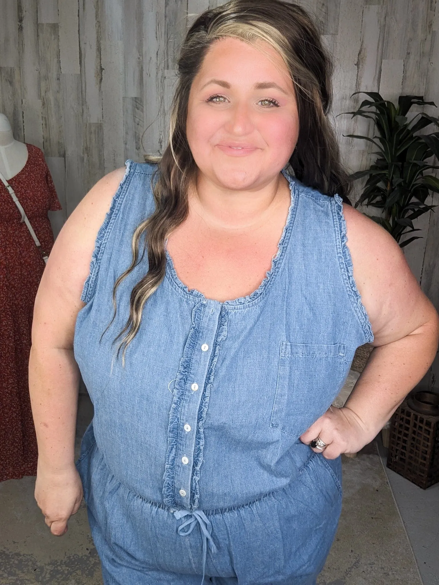 Cali Chambray Denim Jumpsuit w/Ruffle   Button Details