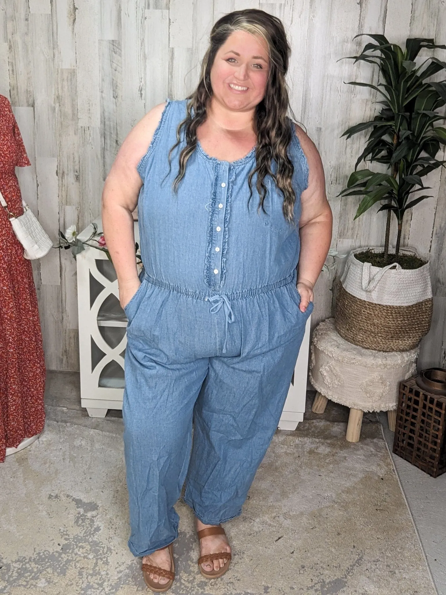 Cali Chambray Denim Jumpsuit w/Ruffle   Button Details