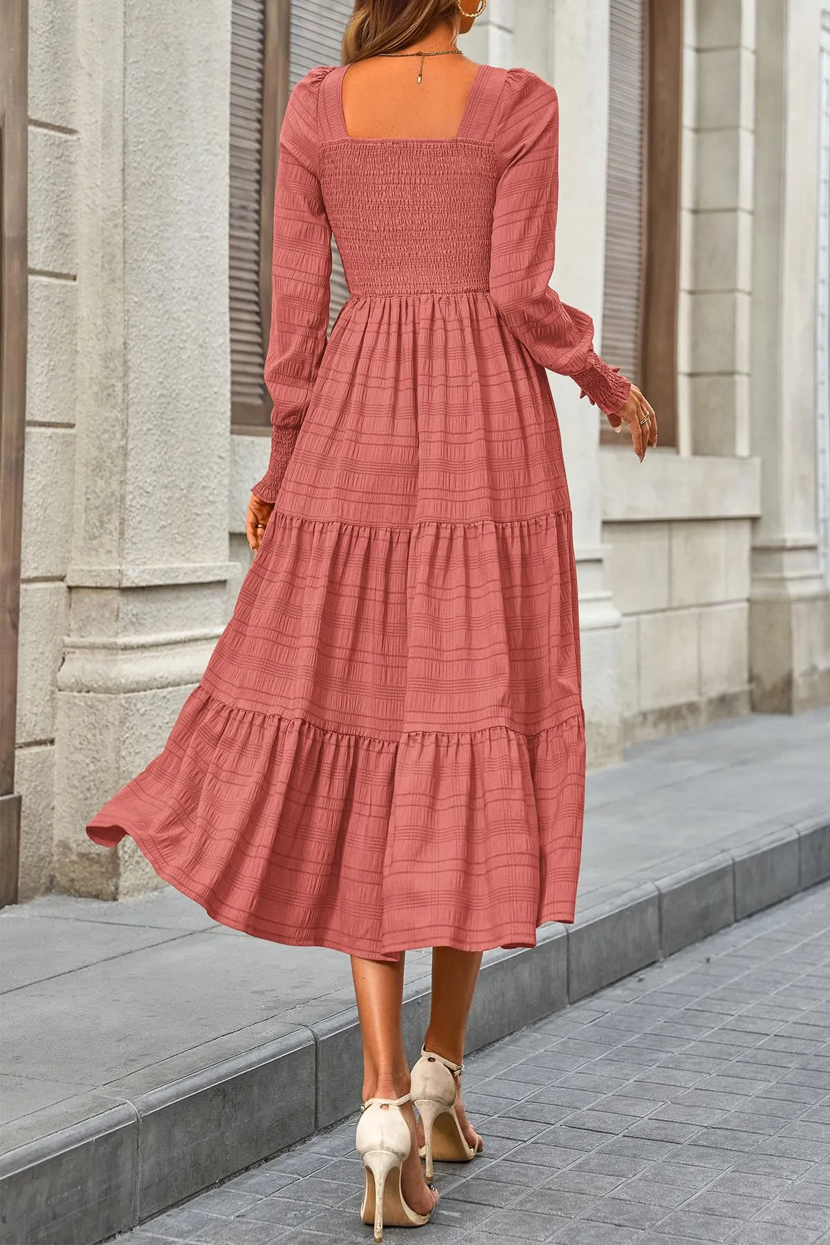 CFLONGE Women's Fall Dresses 2024 Puff Long Sleeve Square Neck Dress High Waist Smocked A-Line Flowy Wedding Party Maxi Dress(Bean Paste Pink,Small)