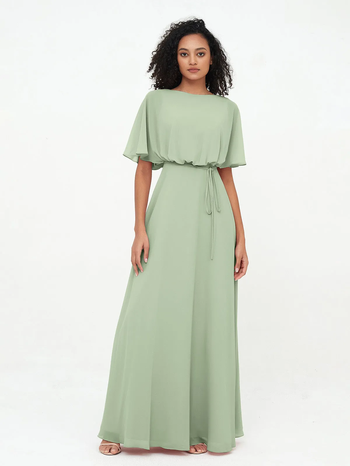 Chiffon Full Length Bridesmaid Dresses with Wrap Dusty Sage